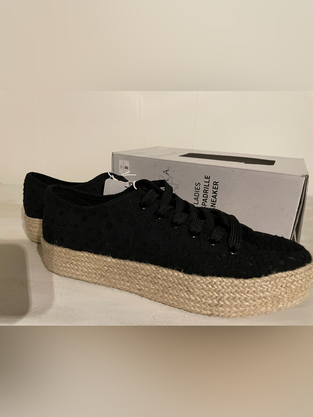 Serra, Black Espadrille Platform Sneaker with Natural Jute Sole, 8, NWT